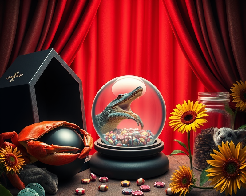 coffin, bowling ball, crystal ball, curtain, crab, poker chip, bunny, alligator, shark, cub, sunflower, panther, jar